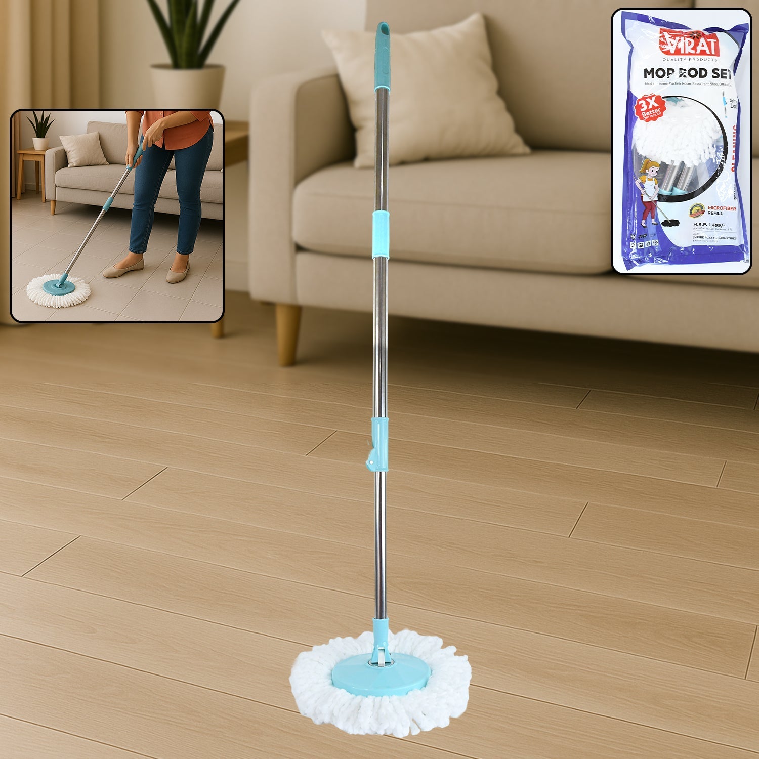 Adjustable stainless steel mop rod with microfiber head set