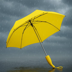 Banana shaped umbrella fully opened, showing durable ribs