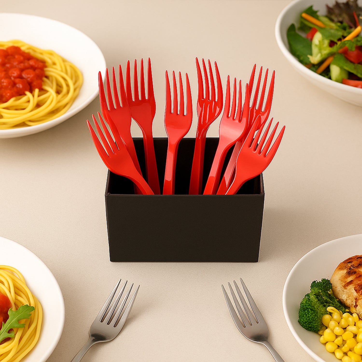 Premium red disposable plastic forks pack of 8