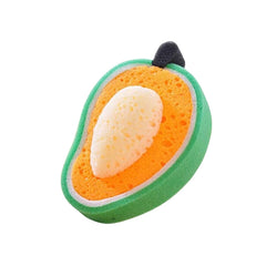 Close-up view of mango-shaped cleaning sponge