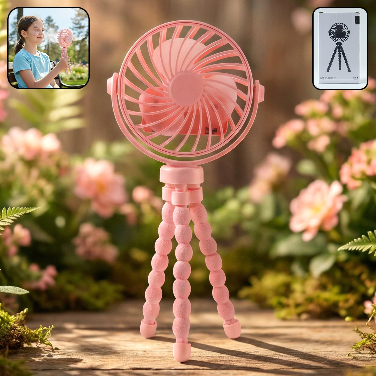 Portable LED light fan with flexible tripod stand on desk