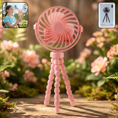 Portable LED light fan with flexible tripod stand on desk