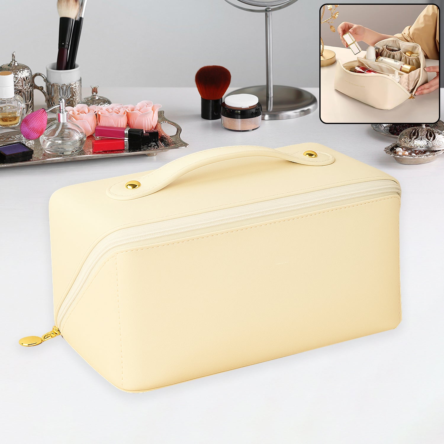 Premium cream travel makeup and toiletry organizer pouch with zipper and handle