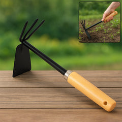 2-in-1 double hoe gardening tool with wooden handle and carbon steel head
