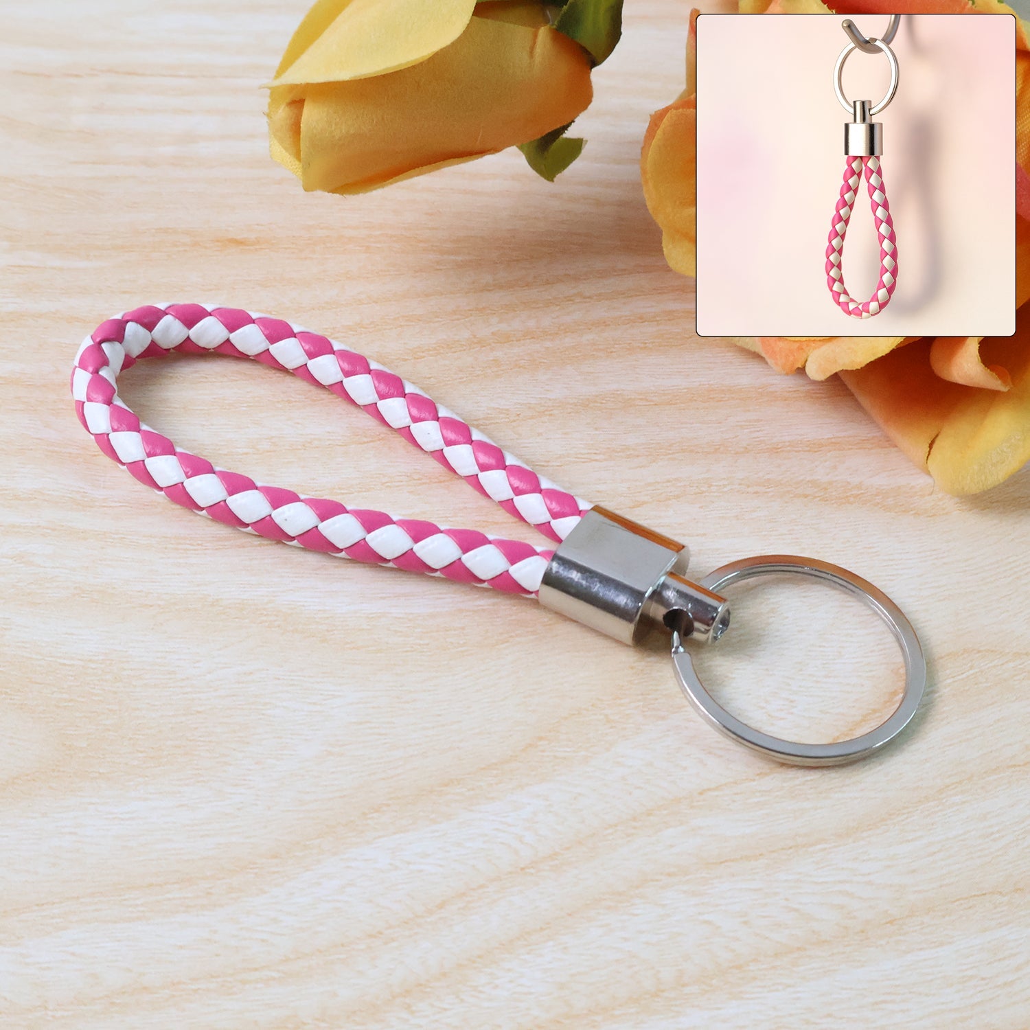Braided leather style keychain with metal ring