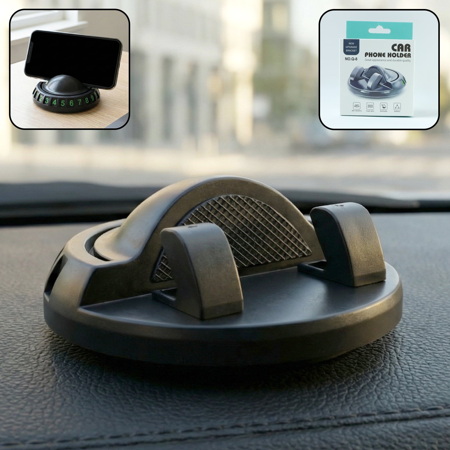 A 360-degree rotating car dashboard phone holder securely mounted for hands-free navigation.