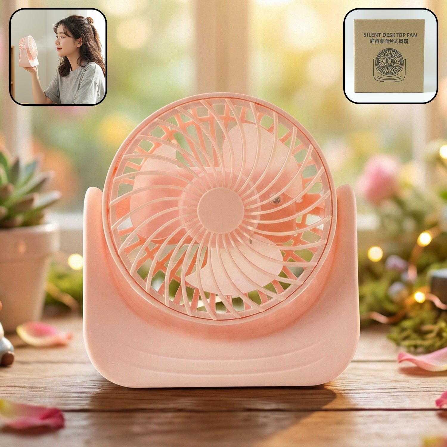 Silent mini desk fan, USB powered, on a white background