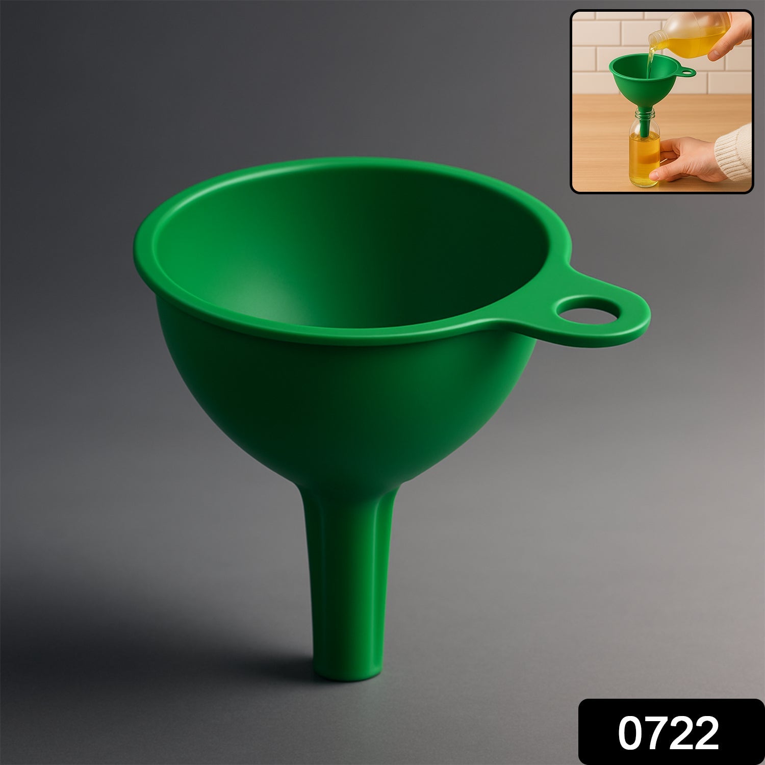 Silicone funnel pouring oil into bottle