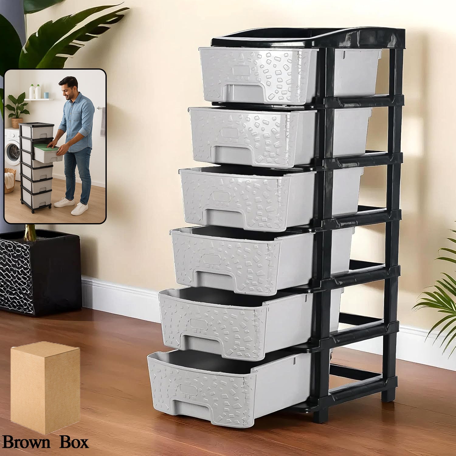6-layer plastic drawer organizer cabinet with stone texture on grey drawers and black frame