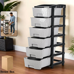6-layer plastic drawer organizer cabinet with stone texture on grey drawers and black frame