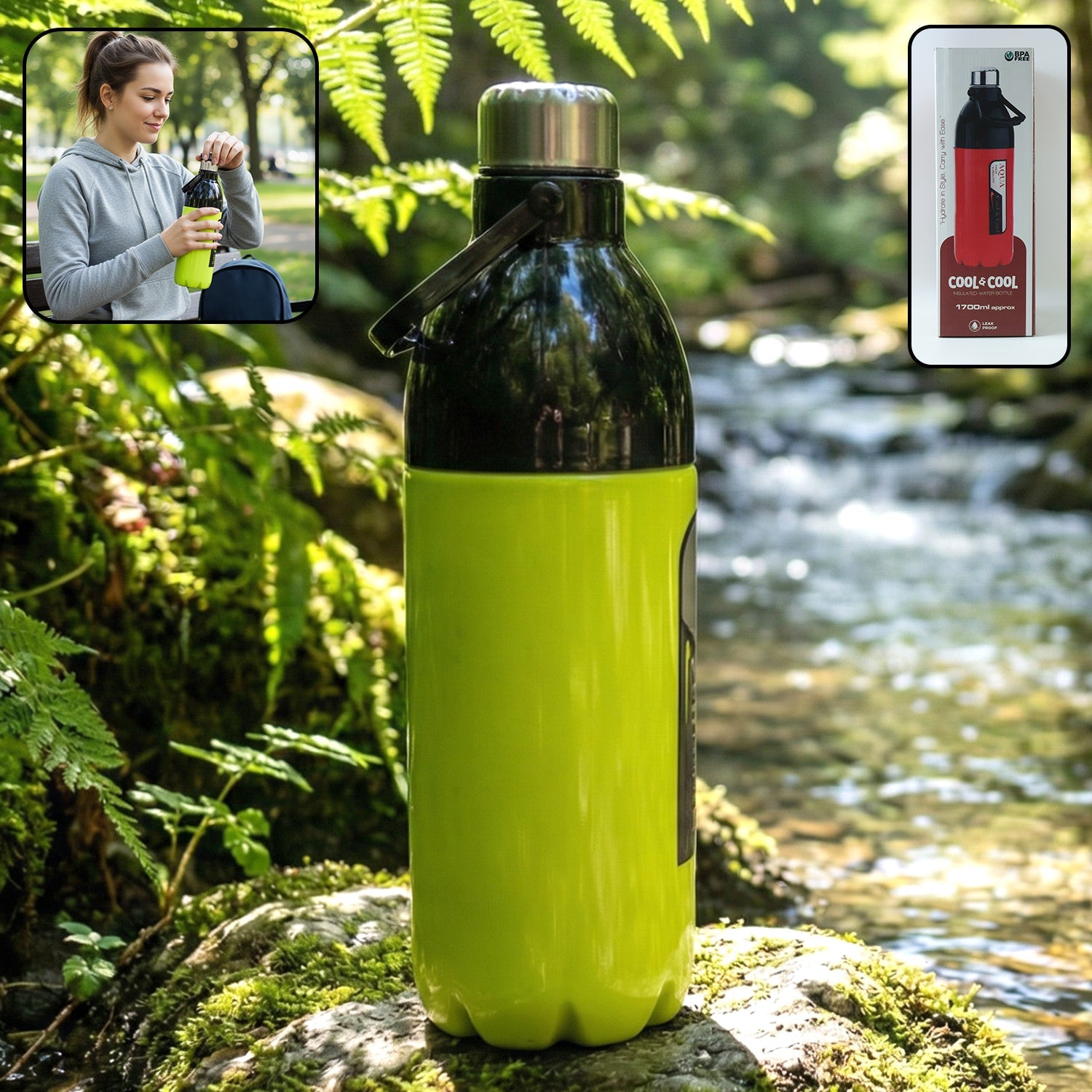 Extra large stainless steel water bottle with screw cap and carry strap
