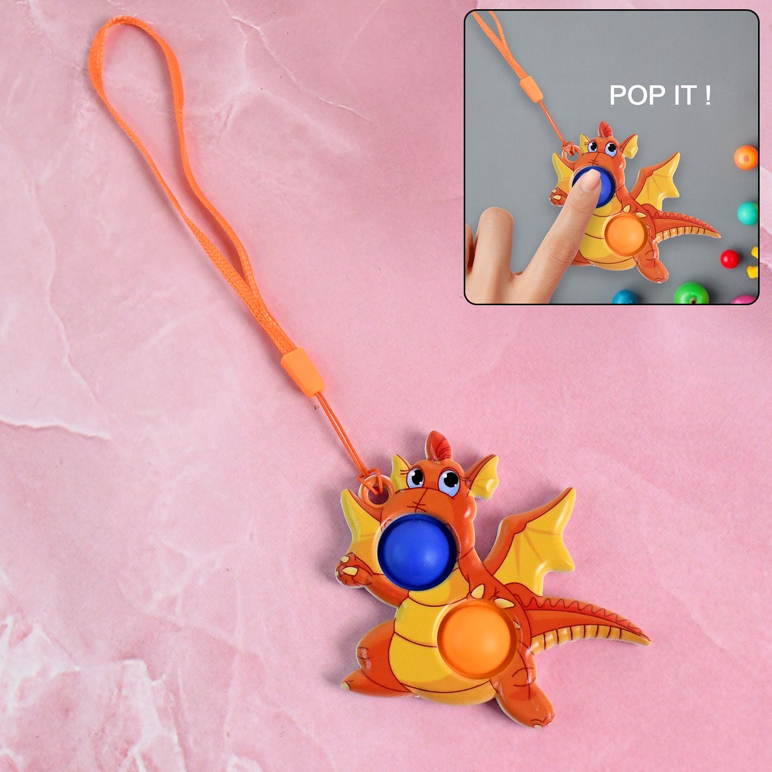 Dragon-shaped push pop fidget toy with orange strap