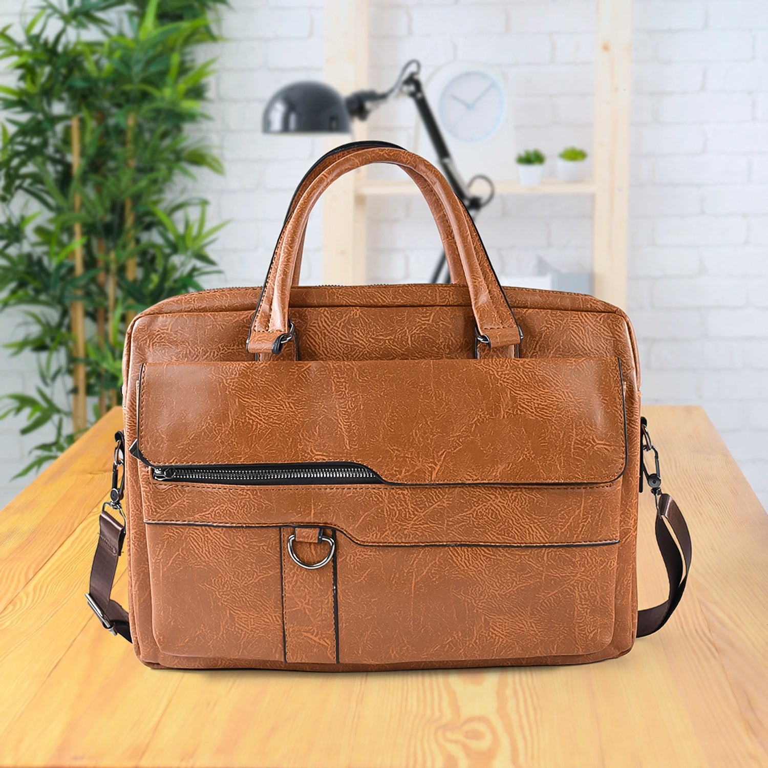 Premium Faux Leather Messenger Briefcase in Tan Brown with Shoulder Strap
