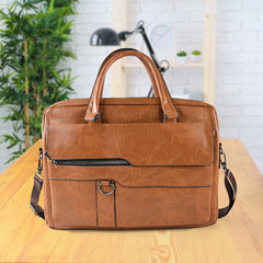Premium Faux Leather Messenger Briefcase in Tan Brown with Shoulder Strap