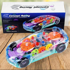 Close-up of transparent rotating gear car toy with lights