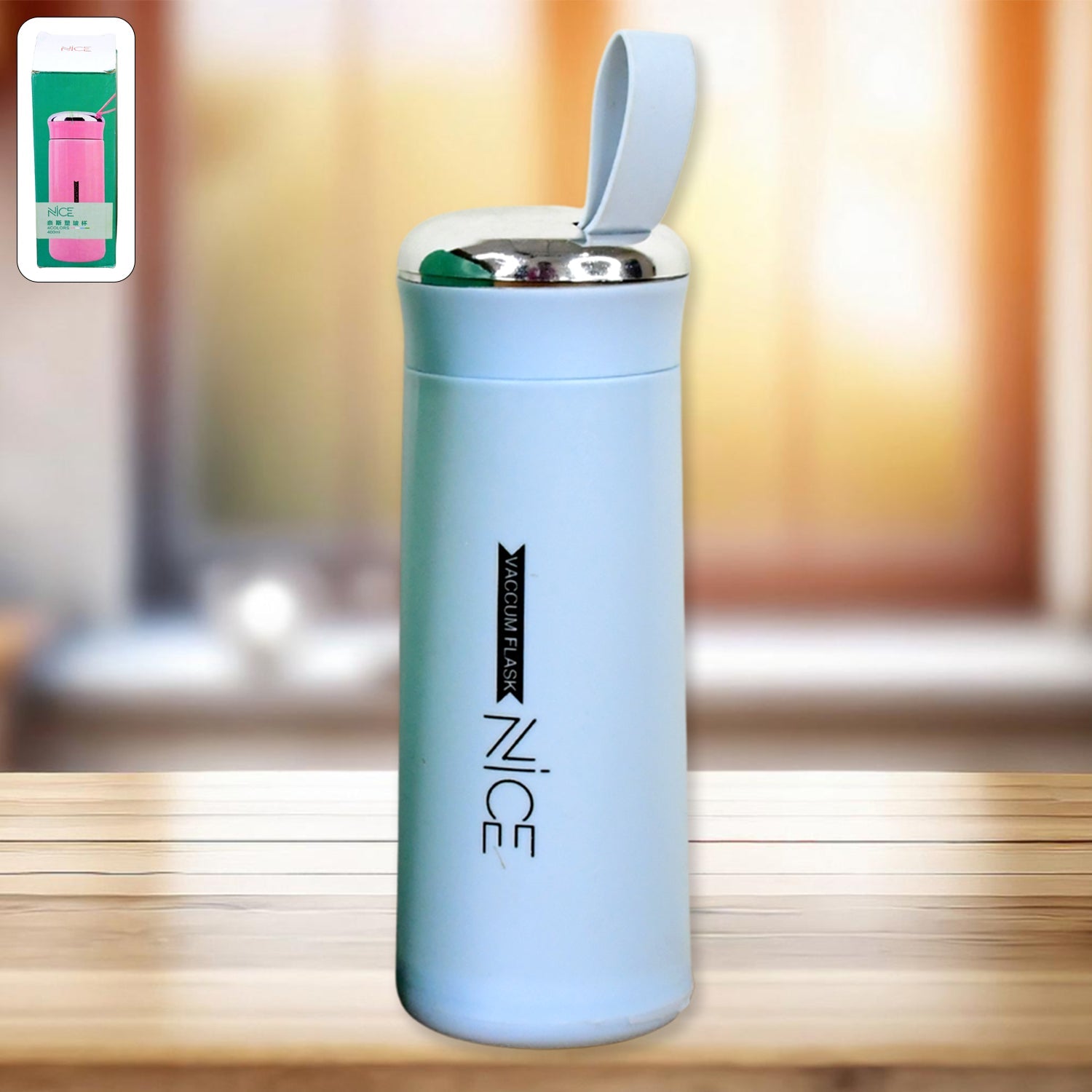 Glass water bottle 400ml leak proof light blue - main product image