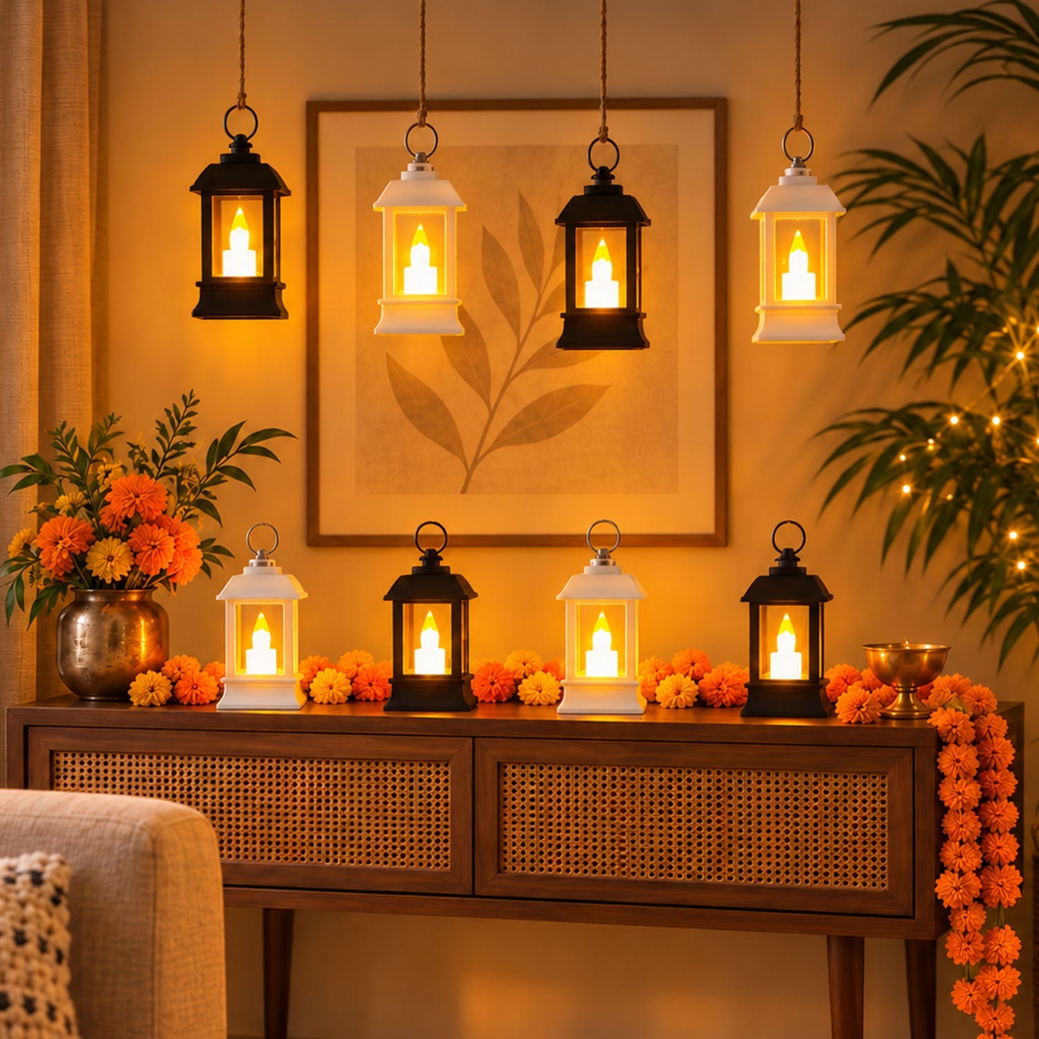 Eight small black and white lanterns with glowing LED candles are arranged on a wooden console table and hanging above it,