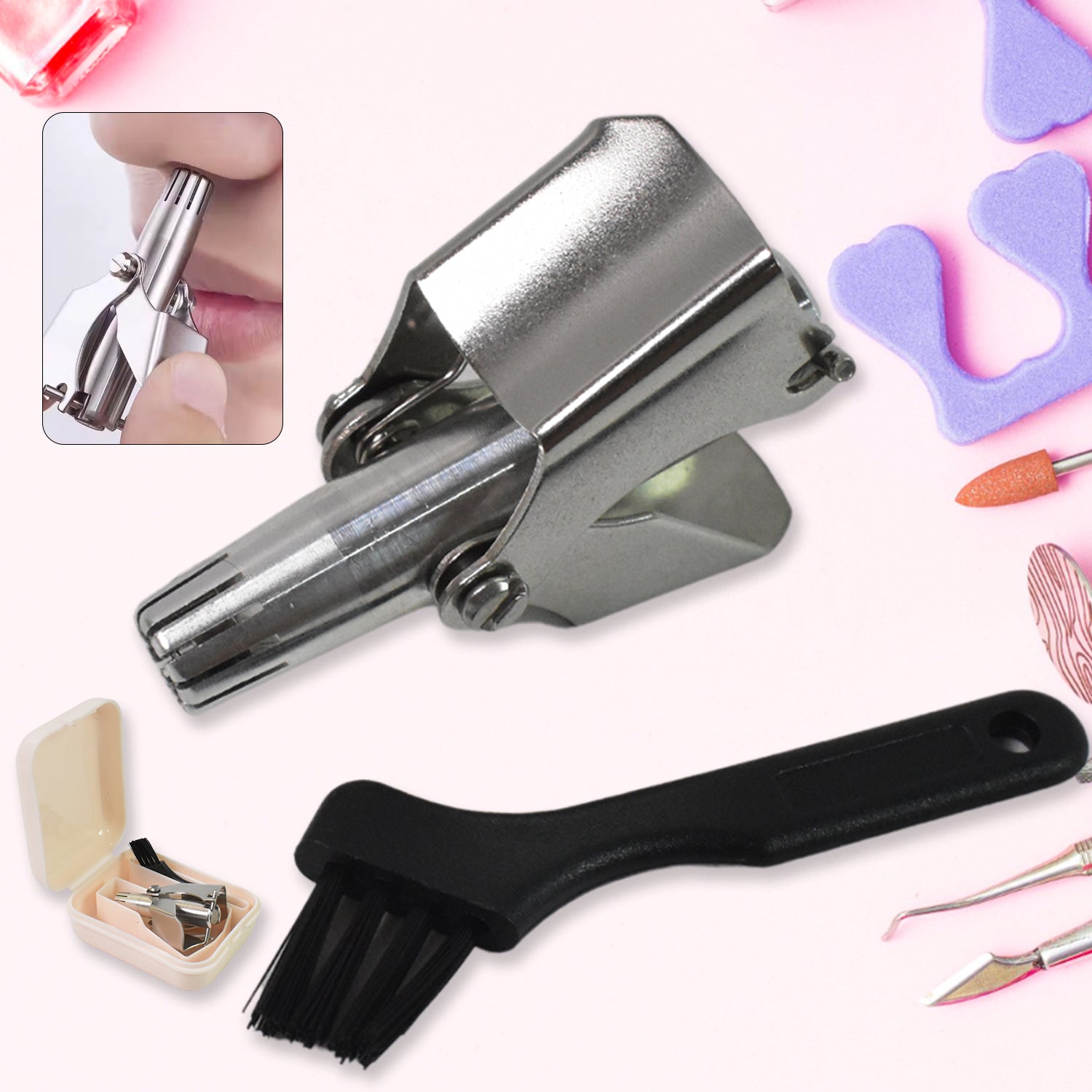 Stainless steel manual nose hair clipper with brush and plastic case