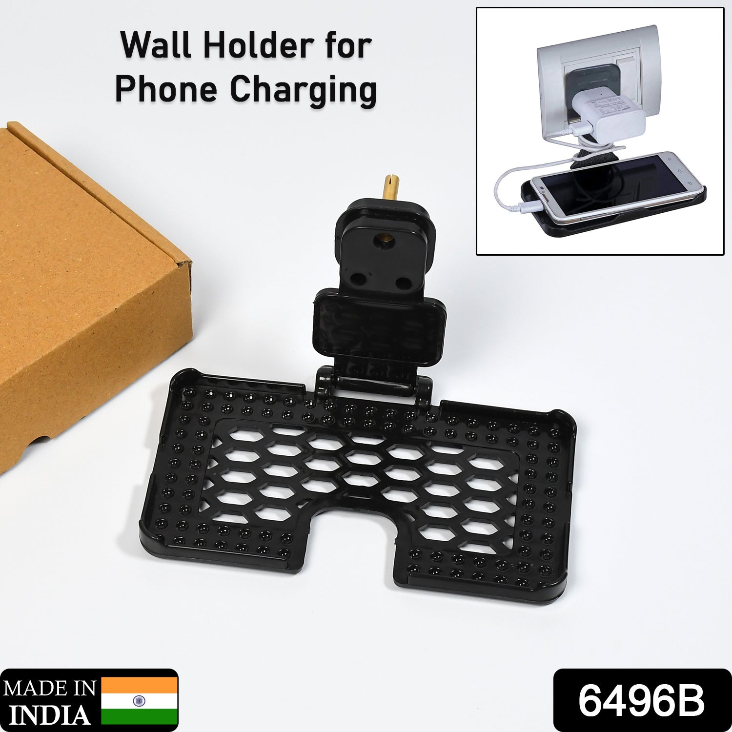 Black wall holder stand securing phone while charging