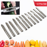 12-piece stainless steel multi-purpose peeler set laid out on a kitchen countertop