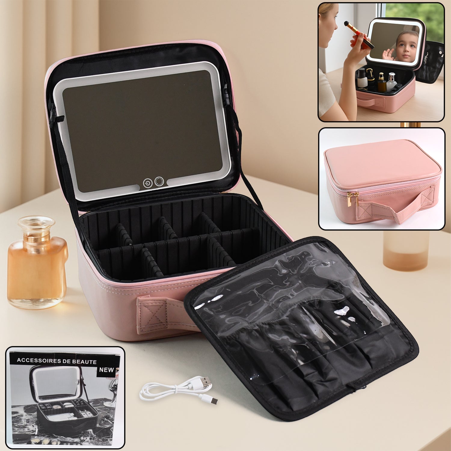 Premium LED light makeup organizer box with touch sensor mirror and compartments