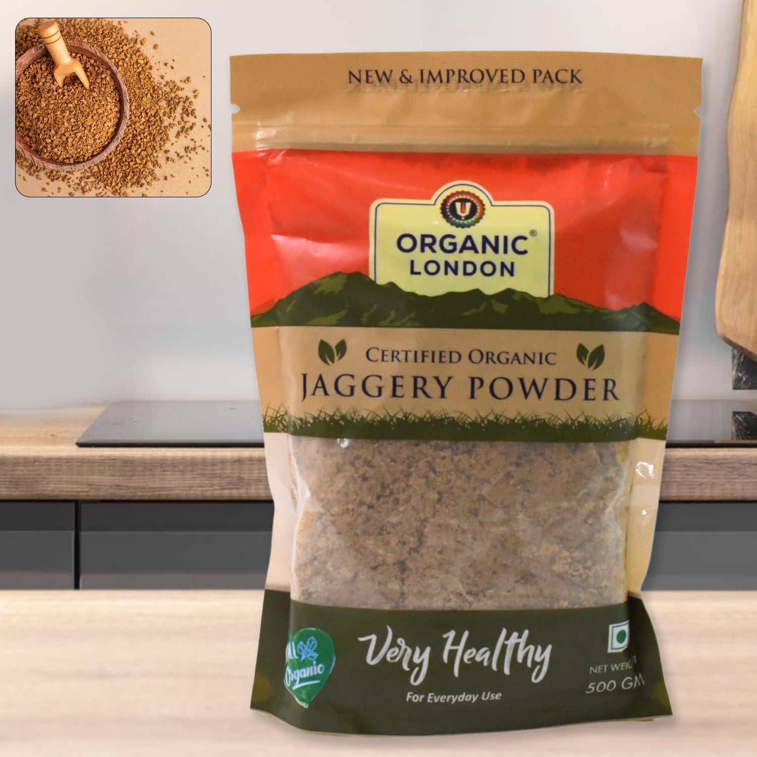 Organic jaggery powder packaging with nature theme