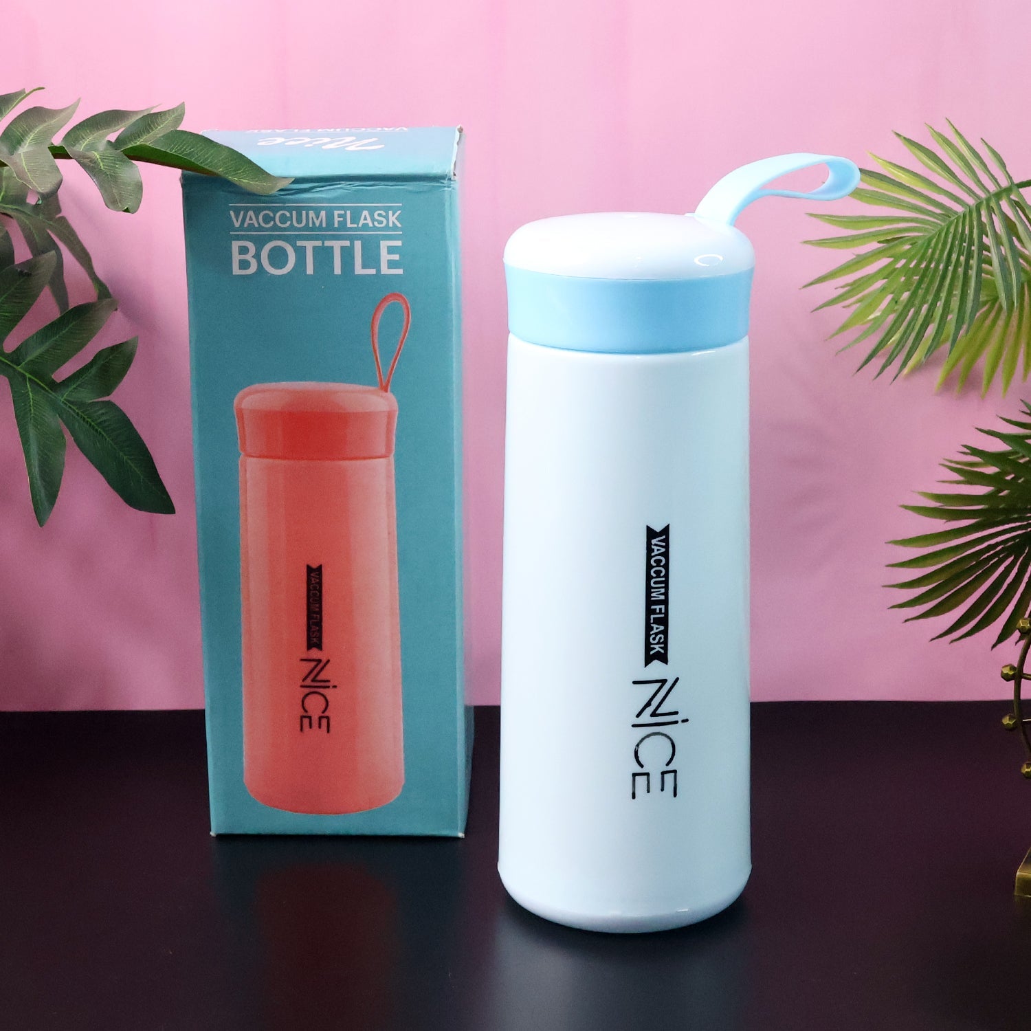 Blue plastic flask water bottle with white body and screw lid