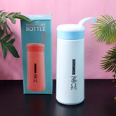 Blue plastic flask water bottle with white body and screw lid