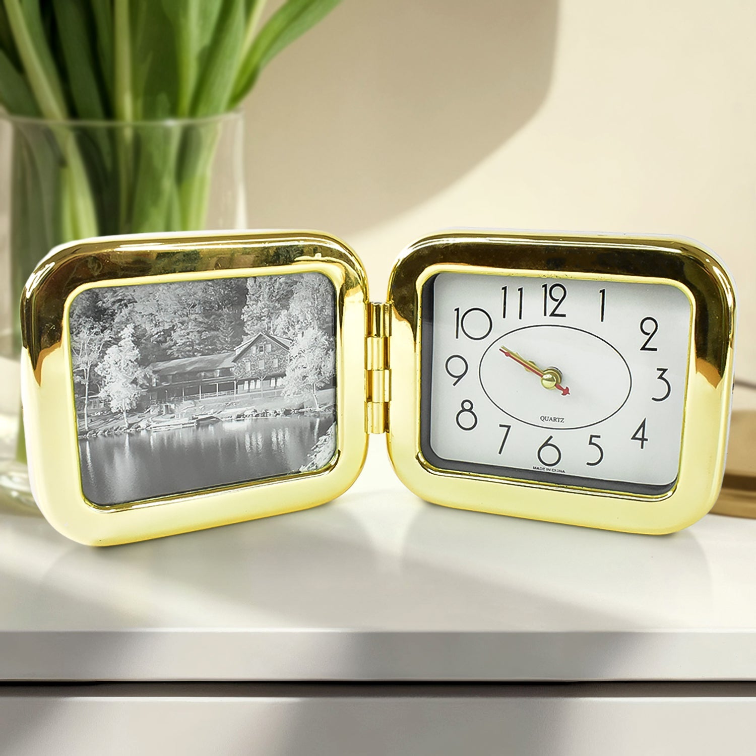 Sleek foldable desk clock in closed position