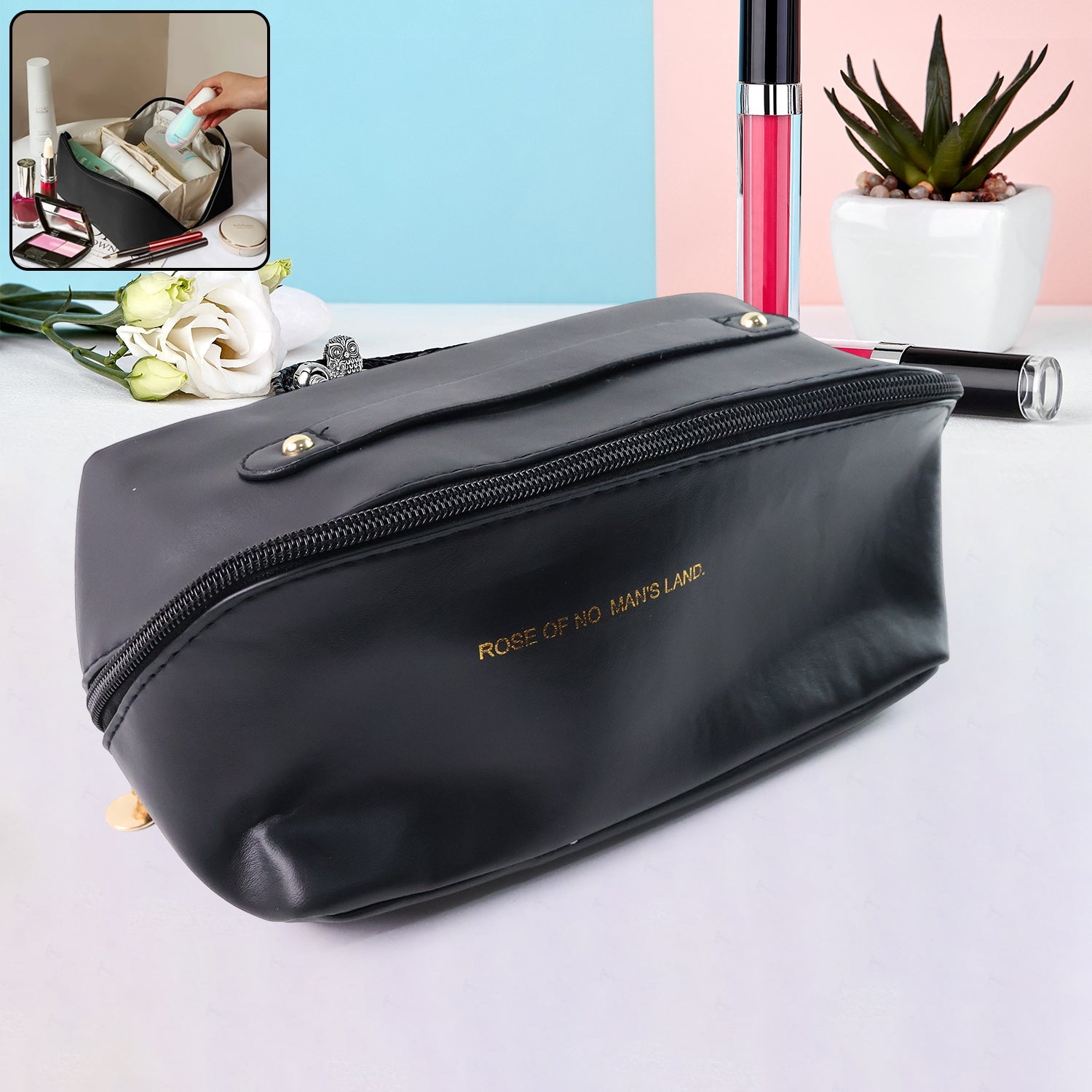 Black travel makeup and toiletry organizer pouch with zipper and handle