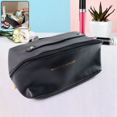 Black travel makeup and toiletry organizer pouch with zipper and handle