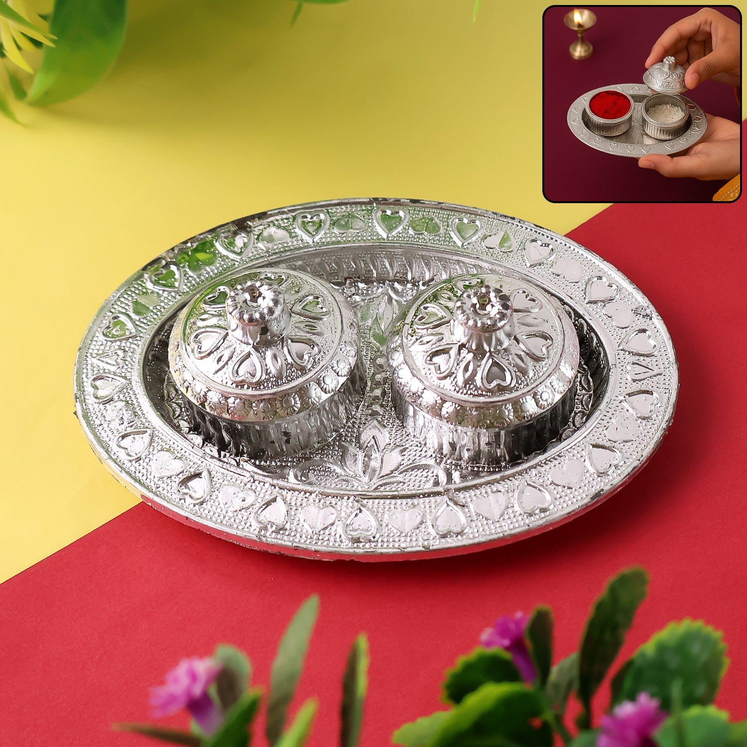 Oval shape puja thali kumkum