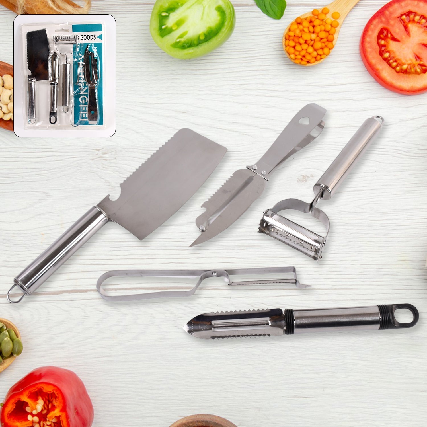 5-piece stainless steel kitchen gadget set with peeler, grater, & slicer