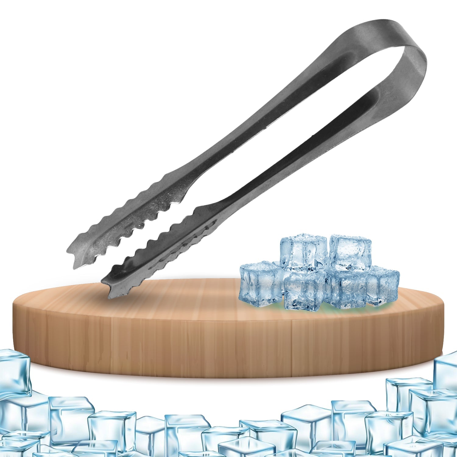 Stainless steel ice tongs gripping ice cubes