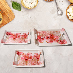 Close-up of the floral printed design on a large plastic serving tray.