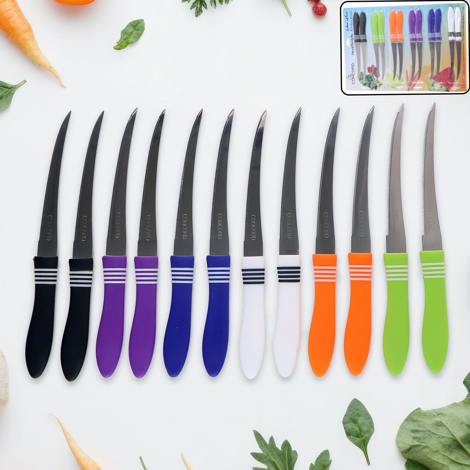 12-piece serrated knife set with colorful handles, ideal for kitchen tasks.