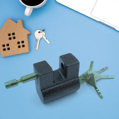 Black iron door lock with keys attached