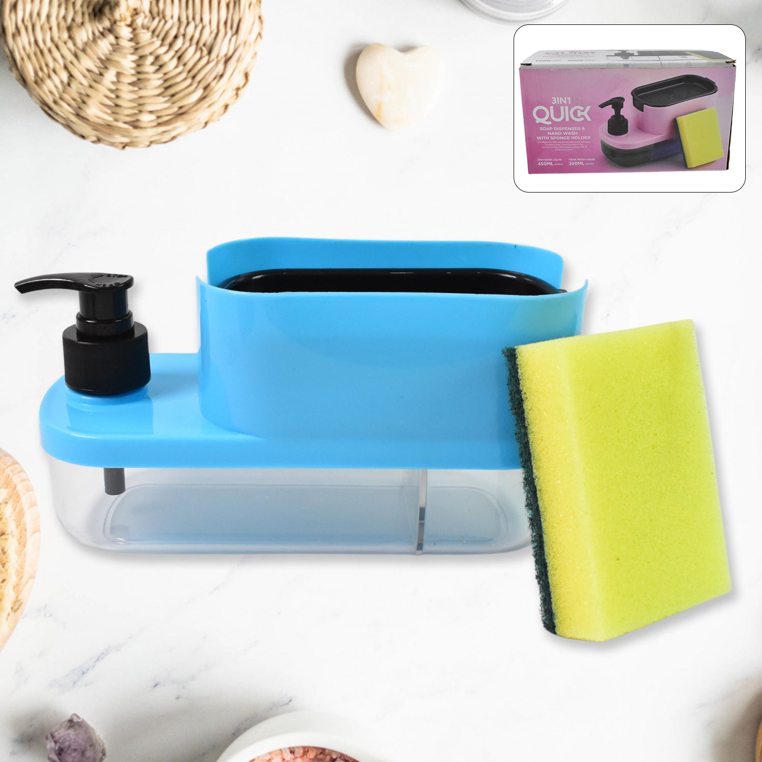 3-in-1 Soap Dispenser with Sponge Holder on Kitchen Sink