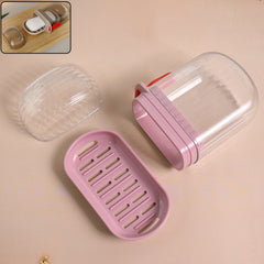 Multipurpose plastic soap dish with transparent dust-proof lid and pink base