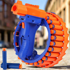 Close-up of electric toy gun loaded with soft bullets