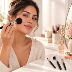 A woman applies blush with a large black and silver makeup brush, with three other brushes and a mirror on the – view 3