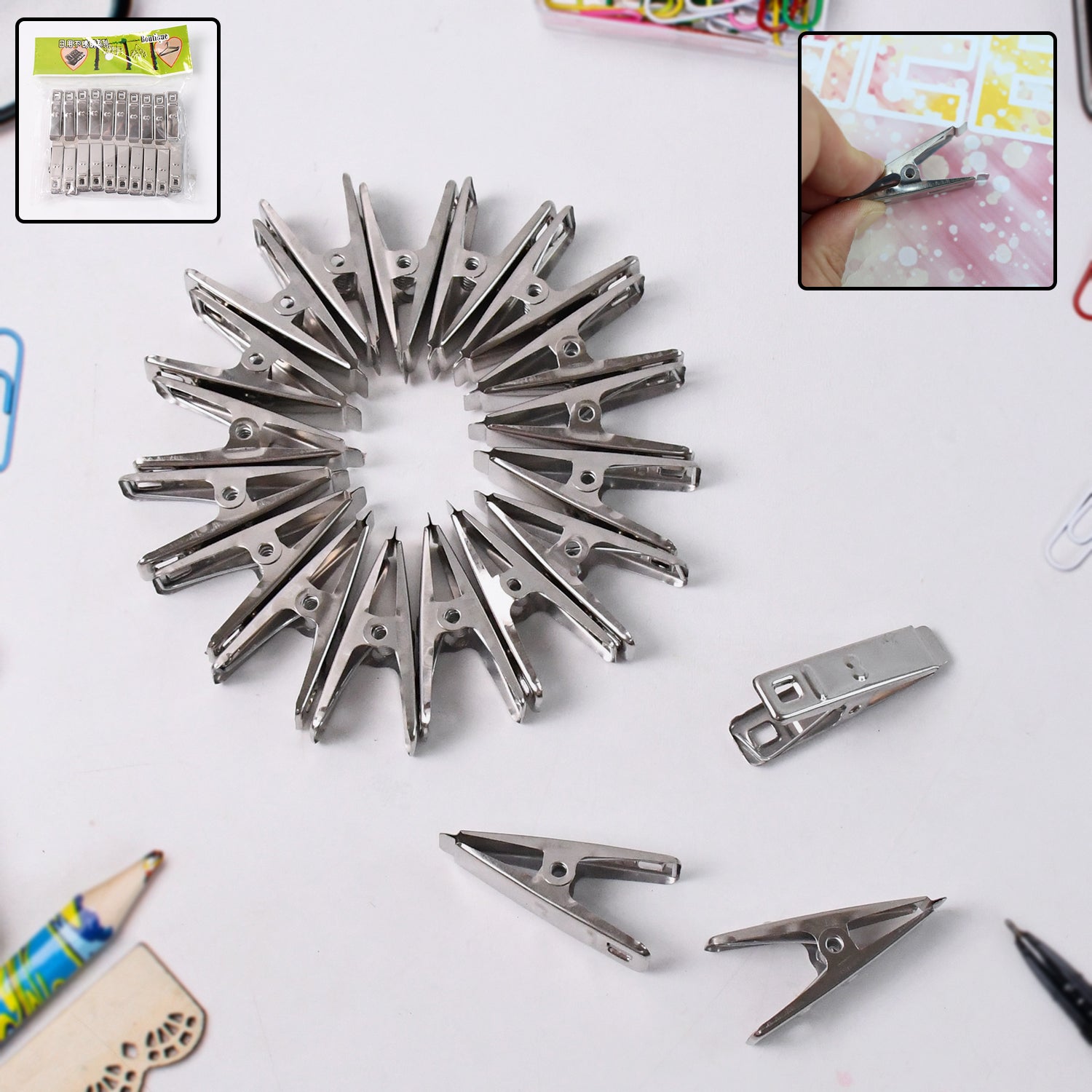 Stainless steel cloth drying pins holding clothes securely