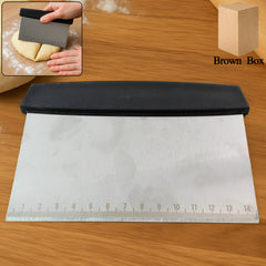 Dough scraper with measurement etchings on stainless steel blade