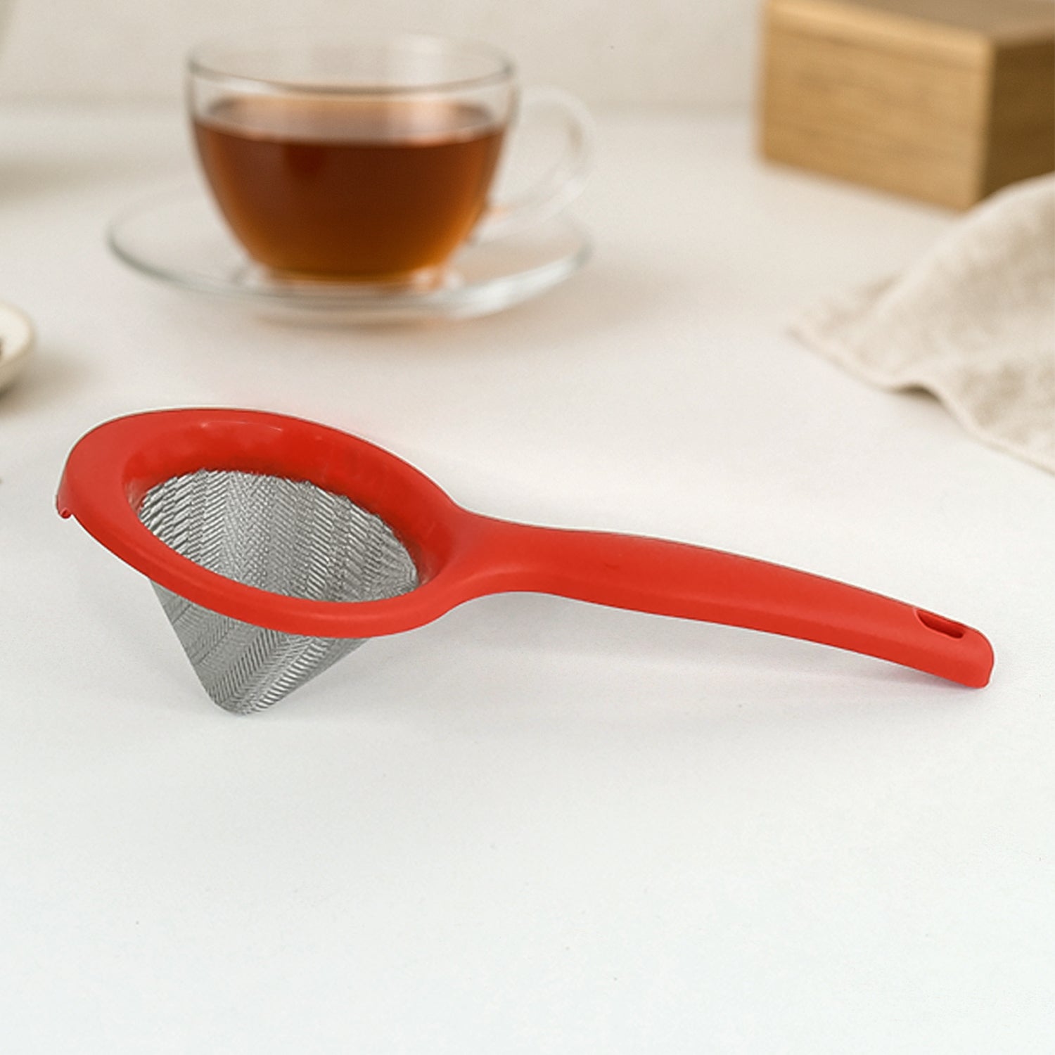 Apex Green Tea Strainer with fine stainless steel mesh and red handle