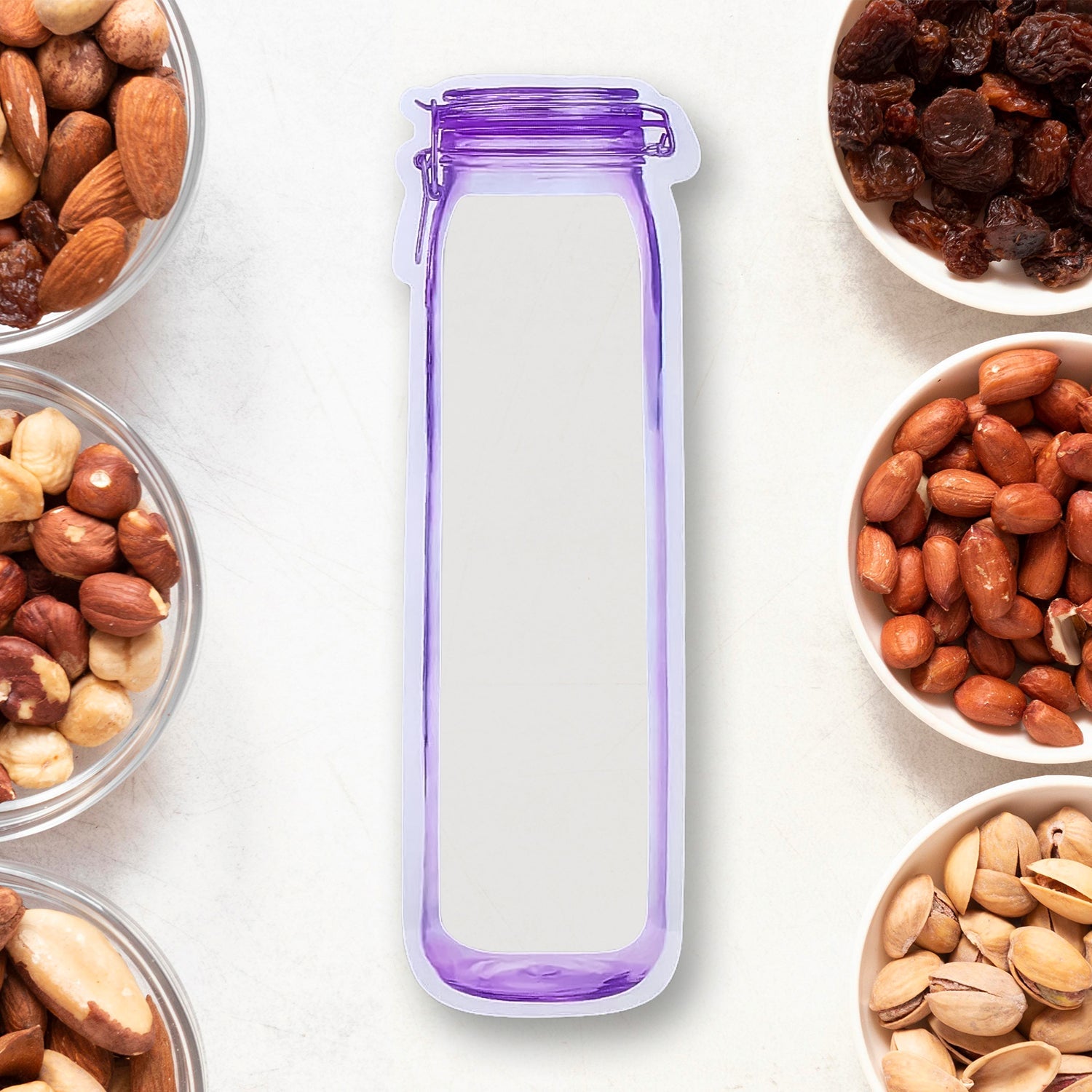 Reusable bottle-shaped ziplock food storage bag filled with snacks