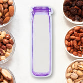 Reusable bottle-shaped ziplock food storage bag filled with snacks