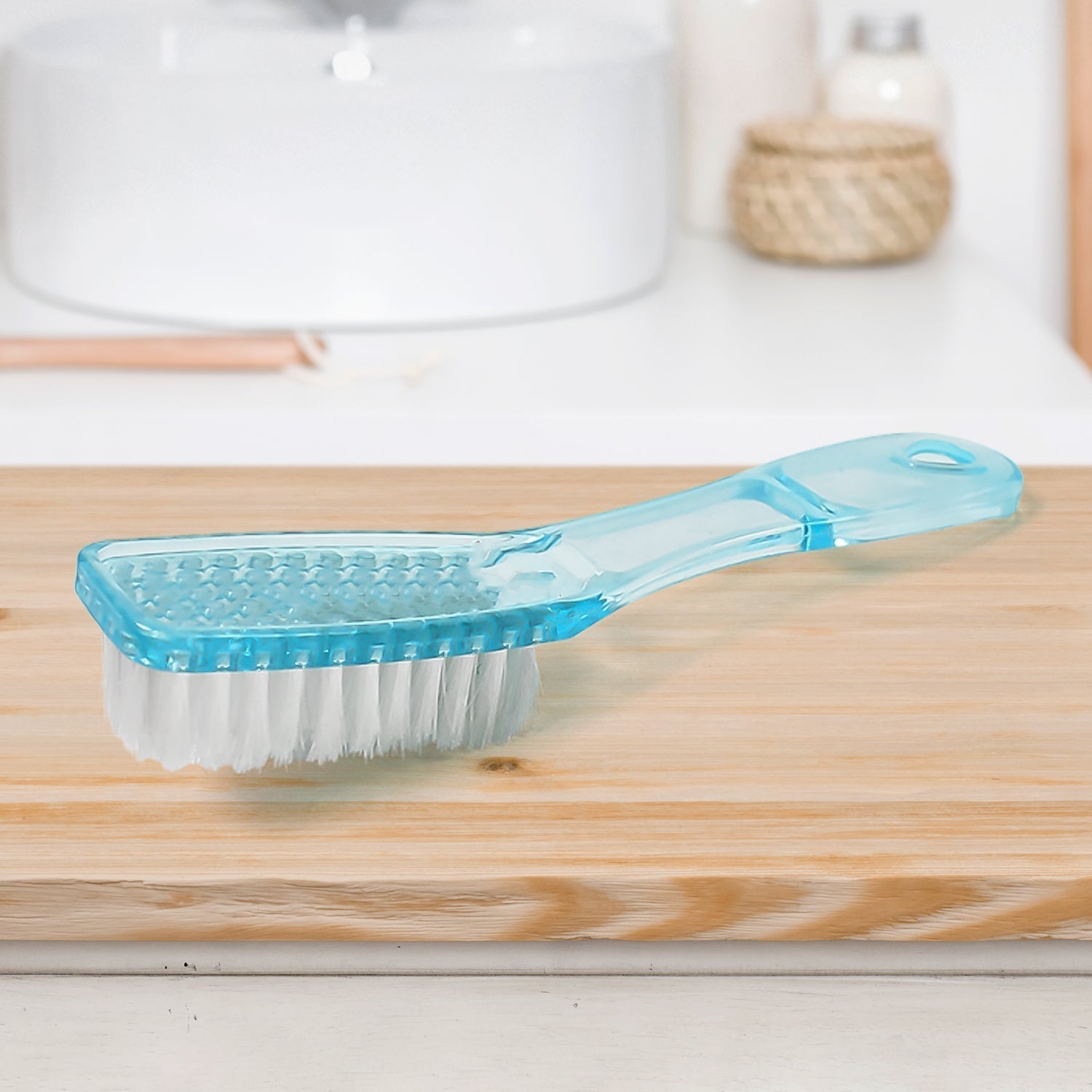 Plastic handle scrubbing brush cleaning shoes and clothes