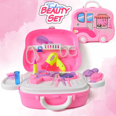 Closed pink wheel suitcase cosmetic toy set