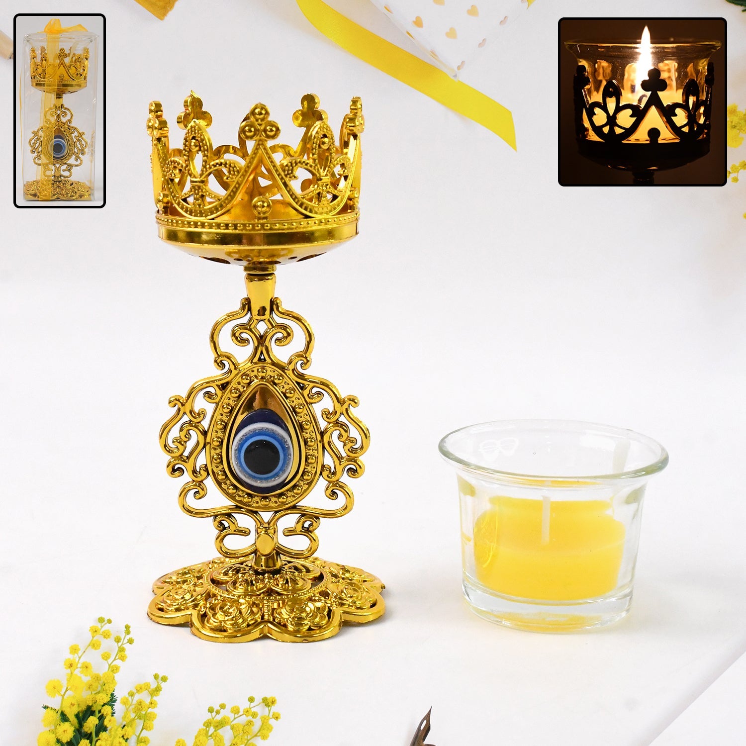Golden Flower Diwali Candle Holder with Plastic Stand