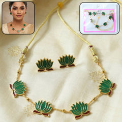 Traditional Green Lotus Necklace and Earrings Set on Display